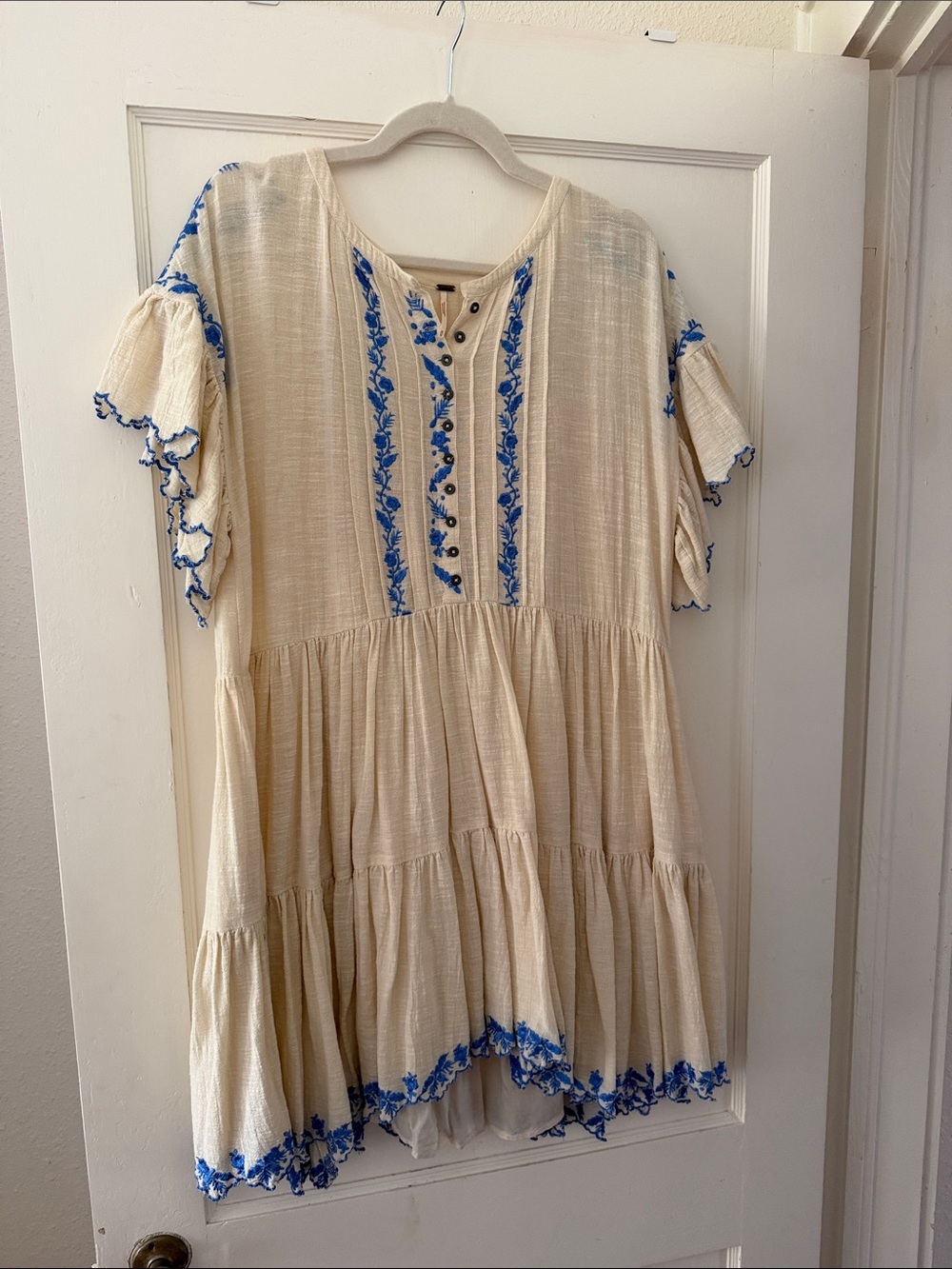 Free People Cream Boho Tiered Dress with Blue Embroidery